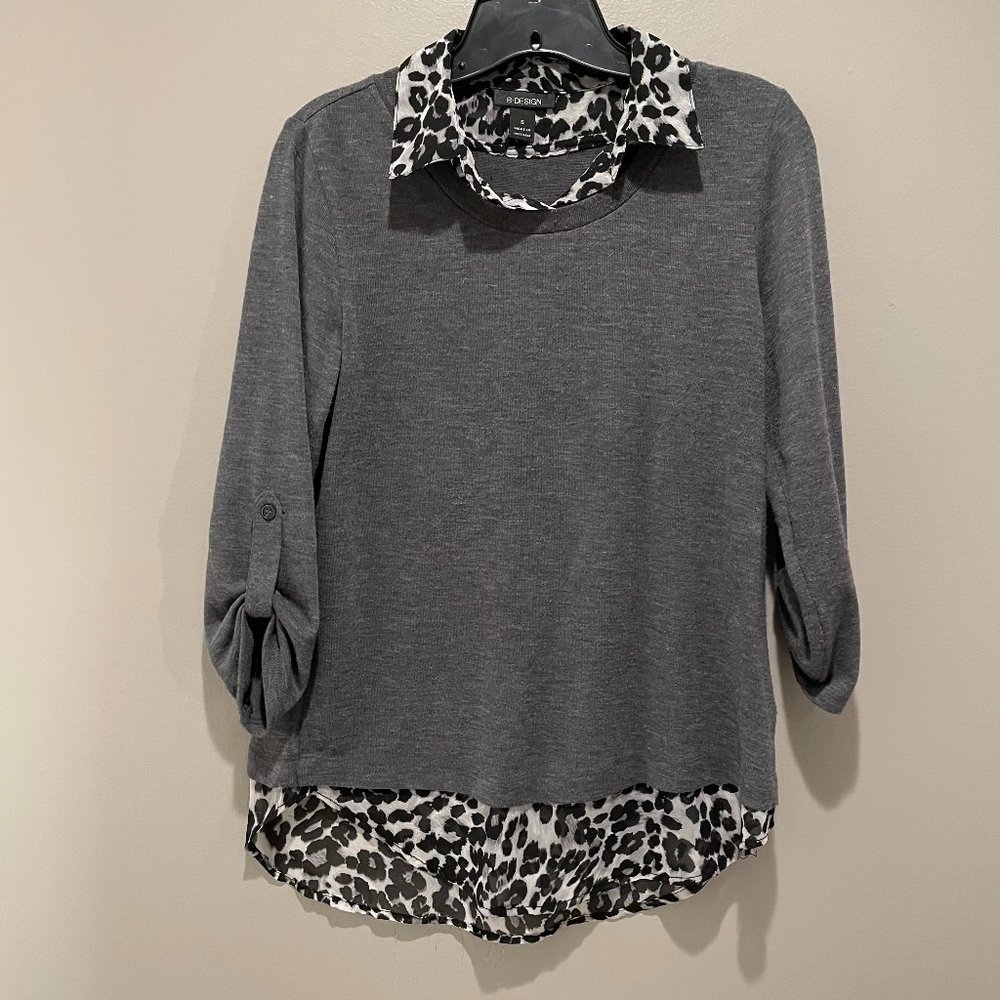 B-Design Gray Pullover Sweater w/attached Leopard Print Blouse Button Up Sleeves